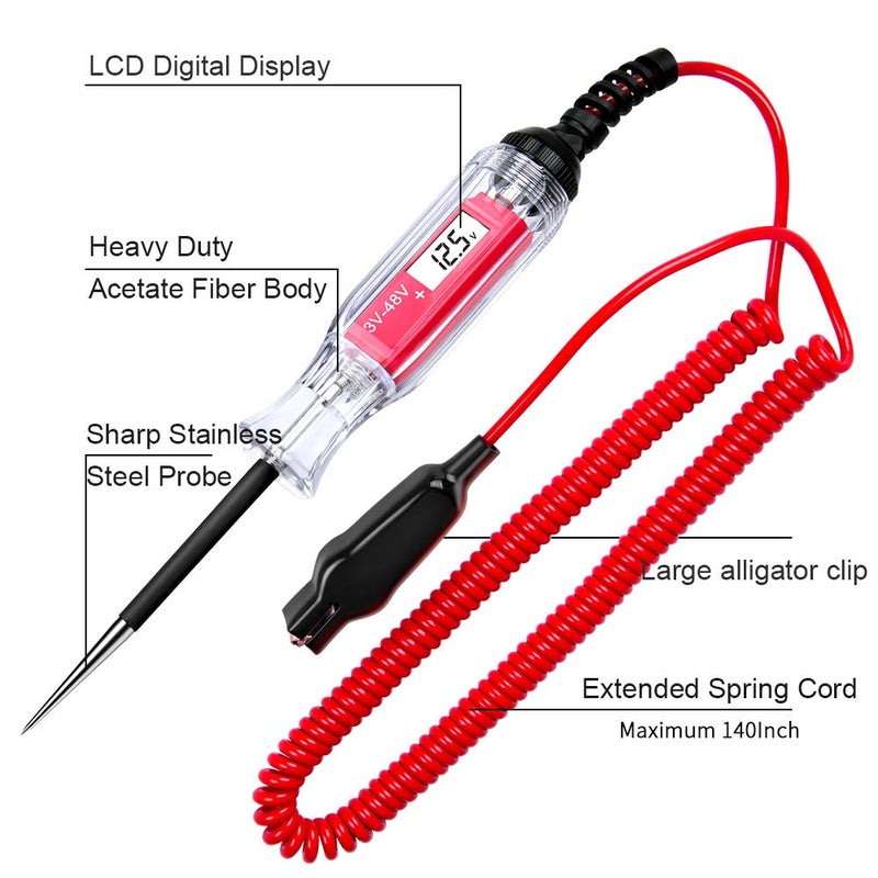 JASTIND Large Size Heavy Duty 3-48V Digital LCD Circuit Tester with 140 Inch Extended Spring Wire,Car Truck Low Voltage & Light Tester with Stainless Probe - Image 3